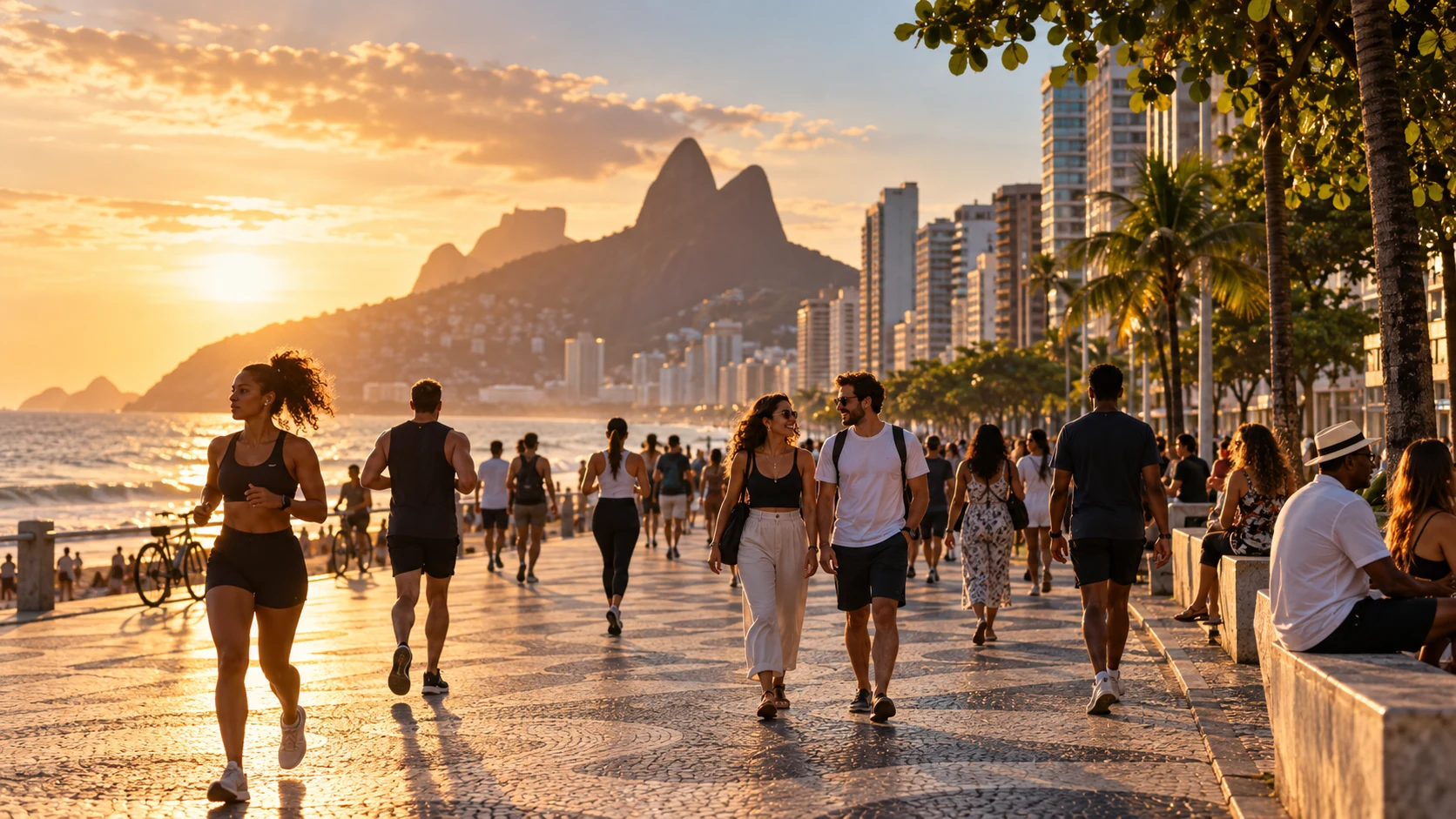 Illustrative Ansicht der Uferpromenade von Rio de Janeiro bei Sonnenuntergang