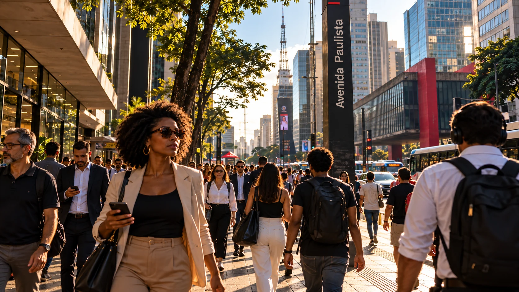Illustrative Ansicht von Menschen und Geschäftsleben auf der Avenida Paulista in São Paulo